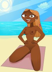 anoneysnufftan beach braided_hair breasts brown_eyes dark-skinned_female dark_blonde_hair dark_skin female female_only nichelle_(tdi) nipples nude pussy solo summer sunbathing total_drama_island total_drama_island_(2023) towel