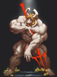 absurd_res asgore_dreemurr big_penis boss_monster_(undertale) covering covering_self genitals hi_res male male_only melee_weapon muscular nude oldshep penis polearm solo trident undertale_(series) weapon