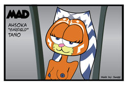 1girls ahsoka_tano big_breasts blue_eyes breasts cat english_text female female_focus female_only garfield_(series) jedi jedi_padawan looking_at_viewer mad_(series) mad_magazine nipple nipples orange paws,_inc. smile solo star_wars sudoku_(mad) swapp text togruta watermark