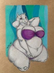 1girls 5_fingers anthro ass bbw belly big_belly big_breasts bikini breasts breasts_bigger_than_head caprine chubby chubby_female cleavage curvy deltarune eyelashes fat fat_female fat_thighs fatfur female floppy_ears furry goat hands_behind_head hips horns midriff milf overweight overweight_female purple_eyes snout solo strapless strapless_bikini thick_thighs three-quarter_portrait thunder_thighs toriel traditional_media_(artwork) undertale veles velesart