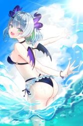1girls absurdres ass bat_hair_ornament big_ass bikini bikini_skirt black_bikini blue_sky breasts cloud demon_girl demon_horns demon_wings female frilled_bikini frilled_skirt frills froot green_eyes green_hair hair_ornament highres horns indie_virtual_youtuber large_breasts looking_at_viewer medium_breasts medium_hair multicolored_hair nohanenoe open_mouth outdoors pale-skinned_female pale_skin petite petite_body petite_female skirt sky smile solo streaked_hair sun swimsuit teeth upper_teeth_only virtual_youtuber vtuber water wedgie wings