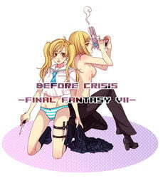 blonde_hair brown_eyes cameltoe elena_(final_fantasy) feet female final_fantasy final_fantasy_vii kneeling knife long_hair miniskirt necktie panties pants school_uniform short_hair siblings sisters skirt socks striped_panties tied_hair twintails uniform