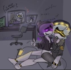 background_character beanie computer drone glitch_productions hat monitor murder_drones n_(murder_drones) not_rape post-apocalyptic purple_hair reverse_cowgirl_position robot sitting_on_person uzi_(murder_drones)