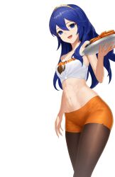 1girls abs absurdres alternate_costume bare_shoulders blue_eyes blue_hair chicken_(food) chicken_wing commission crop_top dhokidoki female female_only fire_emblem fire_emblem_awakening food hair_between_eyes highres holding holding_plate hooters long_hair lucina_(fire_emblem) mismatched_pupils navel nintendo non-web_source open_mouth orange_shorts pantyhose pantyhose_under_shorts plate short_shorts shorts solo tiara toned transparent_background upper_body waitress