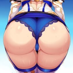 1girls ai_generated alear_(female)_(fire_emblem) alear_(fire_emblem) ass ass_focus booty clothing eroeroai female fire_emblem fire_emblem_engage from_behind head_out_of_frame huge_ass leaning leaning_forward miniskirt panties partially_visible_vulva shiny shiny_clothes shiny_skin skirt solo sweat thick_thighs thighhighs