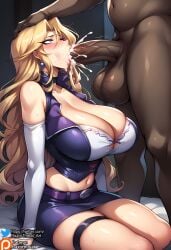 ai_generated big_breasts blonde_hair blowjob breasts cleavage collarbone cum cum_in_mouth cum_inside curvaceous curvaceous_female curvaceous_figure curvy curvy_female curvy_figure dark-skinned_male deepthroat fellatio female grabbing head_grab hi_res highres huge_breasts interracial interracial_sex irrumatio jacket kujaku_mai large_breasts mai_valentine makeup mature mature_female mature_woman milf oral oral_sex purple_eyes purple_jacket razorthreat stable_diffusion sucking sucking_penis swallowing swallowing_cum voluptuous voluptuous_female yu-gi-oh! yu-gi-oh!