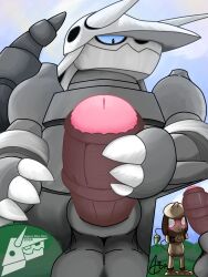 absurd_res aggron aggron_day animal_genitalia animal_penis anthro audomar balls big_penis blush claws duo equine_genitalia equine_penis erection generation_3_pokemon genitals hi_res holding_penis horn male nintendo penis pokemon pokemon_(species) presenting size_difference smile smug