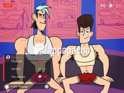 2boys appa_pacho camera camera_view clone_high confucius_(clone_high) jfk_(clone_high) livestream male_focus male_only muscle presenting recording steam sweat undressing