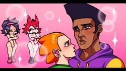 2boys 2girls cassandra_(newgrounds) clothed_male darnell_(newgrounds) embarrassed_nude_female fingering friday_night_funkin looking_into_eyes masturbation nene_(newgrounds) newgrounds nude_female pico's_school pico_(newgrounds) pink_background sparkles tagme voideyedpanda yaoi