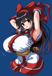 1girls armpits arms_behind_head big_breasts black_hair breasts busty female female_only grey_eyes hair_ribbon highres hirowa_nagi huge_breasts king_of_fighters long_hair looking_at_viewer nakoruru open_mouth pose posing ribbon samurai_shodown sensual sexy_armpits snk soft_shading solo weapon