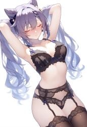 ai_generated arms_behind_head arms_up belly_button blush bra closed_eyes earrings furry_ears genshin_impact grey_hair hoyoverse keqing_(genshin_impact) lingerie lingerie_only long_sleeves medium_breasts panties setsuaiart setsumanga silver_hair slim_waist stockings teenager thigh_highs thighhighs tied_hair white_hair wide_hips