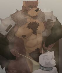 abs anthro bear beard bodily_fluids body_hair chest_hair duo facial_hair genitals hi_res male mammal muscular muscular_anthro muscular_male nipples oral pecs penis silver_foxxo sweat