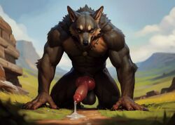 ai_generated canine canine_penis cum cum_on_floor cumming cumshot furry hands-free huge_knot knot looking_at_viewer male masturbation muscular muscular_male realistic solo solo_male werewolf wolf