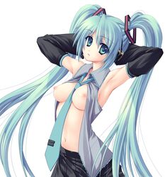 1girls 2010 aqua_eyes aqua_hair armpits arms_up between_breasts big_eyes breasts eyebrows_visible_through_hair female female_only hands_behind_head hatsune_miku high_resolution kinosaki kinosaki_yuki looking_at_viewer navel nipples open_clothes skirt tie tie_between_breasts tied_hair twintails upper_body very_long_hair vocaloid white_background