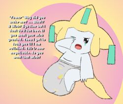 briefs bulge clothed clothing digital_media_(artwork) dragman english_text generation_3_pokemon genitals humanoid jirachi legendary_pokemon male male_only mammal nintendo non-human_only open_mouth penis pokemon pokemon_(species) simple_background solo text toony toony_face topless underwear white_body young