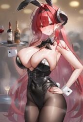 1girls ai_generated alcohol animal_ears azur_lane bangs bare_shoulders black_bow black_bowtie black_hairband black_leotard black_pantyhose blush bottle bow bowtie breasts cleavage closed_mouth covered_navel cowboy_shot cup detached_collar drinking_glass fake_animal_ears female hair_intakes hairband hand_on_hip highleg hindenburg_(azur_lane) holding holding_tray horns large_breasts leotard long_hair looking_at_viewer mole nail_polish pantyhose playboy_bunny pointy_ears rabbit_ears rabbit_tail red_eyes red_hair red_nails smile solo standing strapless strapless_leotard sweat tail tamayuki thighs tray very_long_hair wine_bottle wine_glass wrist_cuffs