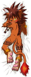 above_view anklet anthro ass barefoot beige_fur black_nose blush bracelet brown_hair claws color dakimakura ear_piercing fangs feather final_fantasy final_fantasy_vii fur furry furry_ass furry_ears furry_tail hair looking_back lying male male_only nude on_front open_mouth orange_fur piercing pointy_ears red_xiii scar smooth_skin solo tail toraya_inugami wink yellow_eyes