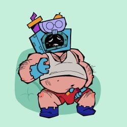 ash_(brawl_stars) boots cartoony fat holding_penis peeing pleasure_face precum shirt_up simple_background somehornydud3 tagme trash_can underwear