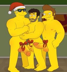 3boys balls bara beach character_request duffman erection gay joeemillery male_focus male_only muscle nude nude_male penis presenting_penis snake_jailbird the_simpsons trio