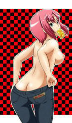 back_view breasts dressing female female_only human light_skin pants pink_hair rio_rollins solo super_blackjack tagme topless