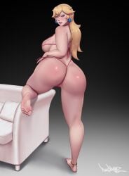 1girls anklet artist_signature ass ass_blush backboob big_ass blonde_hair blush breasts earrings eyeshadow feet female female_only jitome large_breasts lips lipstick long_hair looking_at_viewer looking_back makeup mario_(series) microbikini nintendo painted_nails pinkdrawz plump princess_peach shiny_skin simple_background solo standing thick thick_thighs wide_hips