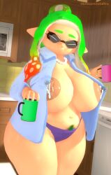 1girls 3d almost_naked ana_margarita_de_la_beef big_breasts big_thighs breasts_bigger_than_head cup girls_only glasses green_hair happy_trail huge_breasts inkling inkling_girl kitchen lactation leviantan581re light-skinned_female light_skin milf nintendo open_jacket open_shirt panties slightly_chubby slightly_chubby_female smile smiling_at_viewer splatoon