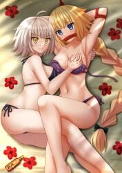 2girls armpits arms_behind_head arms_up bdsm beach bikini blonde_hair blue_eyes blush bondage bound bound_arms braid braided_ponytail crying crying_with_eyes_open fate/grand_order fate_(series) female female_only femdom flowers gag gagged grabbing grabbing_another's_breast highres improvised_gag jeanne_alter jeanne_d'arc jeanne_d'arc_(alter)_(fate) jeanne_d'arc_(fate) kazenokaze large_breasts long_hair long_ponytail lotion lying lying_on_side multiple_girls navel outdoors ponytail sand short_hair smile sunscreen tears untied_bikini white_hair yellow_eyes yuri