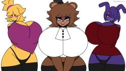 3girls animatronic animatronic_female animatronic_girl animatronics ass barely_clothed big_breasts bonfie bonnie_(cally3d) bonnie_(fnaf) breasts breasts_bigger_than_head chica_(cally3d) chica_(fnaf) chiku dropedartist five_nights_at_freddy's freddy_(fnaf) fredina's_nightclub fredina_(cally3d) frenni_(cryptia) frenni_fazclaire furry furry_female furry_only hat huge_breasts looking_at_viewer robot robot_girl smile smiley_face socks