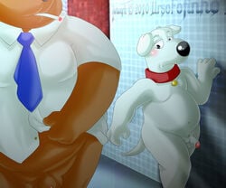 2boys anthro balls ballsack blush brian_griffin canine cigarette clothing collar family_guy looking_at_another male male_only necktie penis public_restroom restroom shir tagme the_cleveland_show tim_the_bear ursid wall