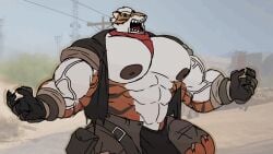 16:9 abs animated anthro big_bulge big_muscles big_pecs black_body black_claws black_fur black_nipples bulge claws clothing combat_cat_studio felid fur growth hi_res huge_bulge huge_muscles huge_pecs huge_thighs hyper hyper_muscles male mammal multicolored_body multicolored_fur muscle_growth muscular muscular_anthro muscular_arms muscular_male muscular_thighs nipples norman_(wild_assault) orange_body orange_fur pantherine parttimeyeen_(artist) pecs short_playtime solo thick_thighs throbbing tiger torn_clothing vein veiny_muscles white_body white_fur widescreen wild_assault