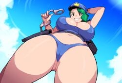 adapted_costume afrobull_(style) ai_generated cameltoe cleavage female from_below handcuffs holding_handcuffs large_breasts looking_at_viewer novelai officer_jenny_(pokemon) police police_uniform policewoman revealing_clothes thick_thighs
