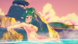 3am big_breasts cavewoman green_hair hot_spring indie_virtual_youtuber meat_(vtuber) muscular_female virtual_youtuber vtuber