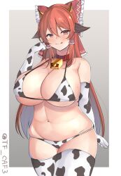 1girls :q animal_ears animal_print arm_behind_back armpit_crease bell blush bow breasts brown_eyes brown_hair cleavage collar commentary_request cow_ears cow_horns cow_print cow_print_bikini cowbell cowboy_shot curvy dot_nose elbow_gloves female frilled_bow frilled_hair_tubes frills gloves gradient_background grey_background groin hair_bow hair_tubes hakurei_reimu half-closed_eyes hand_up horns huge_breasts long_hair looking_at_viewer navel paid_reward_available plump print_bikini red_bow reimu_hakurei sidelocks simple_background skindentation solo standing tagme tf_cafe thick_thighs thighs tongue tongue_out touhou very_long_hair wide_hips