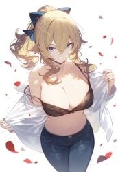 1girls ai_generated belly_button big_breasts blonde_hair bra bra_removed genshin_impact hair_ornament hair_ribbon hoyoverse jean_gunnhildr jeans long_hair looking_at_viewer setsuaiart setsumanga shirt_down shirt_removed shirtless slim_waist smile smiling_at_viewer teenager thick_thighs tied_hair undressing wide_hips