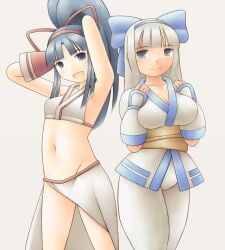 2girls ainu_clothes alternate_hairstyle armpits arms_behind_head bikini blue_eyes blue_hair breasts cleavage confident crossdressing female female_only fingerless_gloves gloves grey_hair hair_ribbon highres large_breasts legs long_hair looking_at_viewer majikina_mina multiple_girls nakoruru navel no_sex open_mouth ponytail pose posing ribbon samurai_shodown sarong sensual small_breasts smile snk swimsuit thighs voluptuous