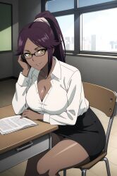 1girls ai_generated arm_support big_breasts bleach breasts brown_skin chair charizardo classroom cleavage crossed_legs dark-skinned_female dark_skin desk eyewear female female_focus glasses highres huge_breasts indoors nai_diffusion naughty naughty_face naughty_smile no_bra on_chair oppai purple_hair revealing_clothes school shihouin_yoruichi shirt sitting sitting_on_chair skimpy skimpy_clothes skirt stable_diffusion teacher teacher_outfit unbuttoned unbuttoned_shirt very_long_hair yellow_eyes