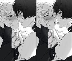 1boy 1girls blush female flustered_male french_kissing genshin_impact greyscale lumine_(genshin_impact) nan7719318 saliva_string saliva_trail scaramouche_(genshin_impact) tongue_kiss