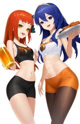 2girls abs absurdres alternate_costume aqua_eyeshadow bare_shoulders beer_mug blue_eyes blue_hair chicken_(food) chicken_wing commission cup dhokidoki eyeliner eyeshadow facial_mark female female_only fire_emblem fire_emblem_awakening fire_emblem_engage food hair_between_eyes highres holding holding_cup holding_plate hooters lucina_(fire_emblem) makeup midriff mismatched_pupils mug multiple_girls navel nintendo non-web_source open_mouth orange_hair panette_(fire_emblem) pantyhose plate red_eyeliner short_bangs short_shorts shorts stitched_mouth stitches tiara toned transparent_background waitress yellow_eyes