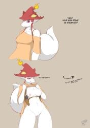 absurd_res anthro blue_eyes blush bra_strap_showing_(meme) breasts canid canine english_text enryou female fox fur genitals gun hi_res mammal meme nipples pal_(species) palmorph palworld pocketpair ranged_weapon solo text vulva weapon white_body white_fur wixen