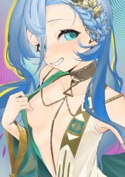 1girls 37_(reverse:1999) areolae blue_eyes blue_hair braid breasts dress female hair_between_eyes hair_ornament light-skinned_female light_skin long_hair nipples open_clothes reverse:1999 small_breasts smile solo sw8od