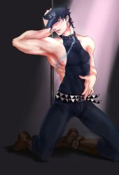 1boy armpits bulge_through_clothing exposed_shoulders jojo's_bizarre_adventure jotaro_kujo less_end male male_nipples male_only muscular_male pecs pole pole_dancing solo stardust_crusaders two_belts