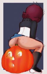 1girls alphacetza anal ass ass_focus back_view boots female female_masturbation freckles halloween kim_pine masturbation partially_clothed pumpkin red_hair scott_pilgrim short_hair solo solo_female