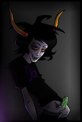 1boy black_hair clothing facepaint fangs gamzee_makara grey_skin homestuck horns looking_at_viewer male male_only ms_paint_adventures penis pubic_hair sharp_teeth short_hair slime solo troll uncensored yellow_eyes