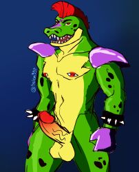 absurd_res alligator alligatorid animatronic anthro balls biceps boner clothing crocodilian digital_drawing_(artwork) digital_media_(artwork) erection fangs five_nights_at_freddy's five_nights_at_freddy's:_security_breach genitals gloves green_body hair handwear hi_res humanoid_genitalia humanoid_penis machine male male_only mohawk montgomery_gator_(fnaf) muscular muscular_anthro muscular_male nipple_piercing nipples nude open_mouth penis piercing red_hair reptile robot scalie scottgames selem997 simple_background smile solo solo_male steel_wool_studios teeth