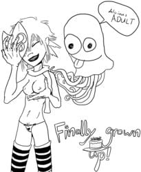 1girls asian birthday_cake breasts closed_eyes female gorillaz grown_up imaajfpstnfo lipstick makeup mask monochrome navel nipples noodle_(gorillaz) noodle_(plastic_beach) nude nudity panties pubic_hair scarf smiling superfast_jellyfish thighhighs topless