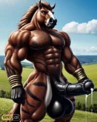 ai_generated cum cum_drip equid equine equine_genitalia flared_penis furry horse horse_penis horsecock huge_balls huge_cock male_only monster monster_cock muscular_anthro original original_character striped_fur stripes thancrus