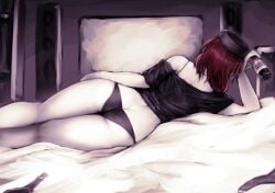 arm_support ass ass_cleavage bed_sheet black_headwear black_panties black_shirt bottle butt_crack facing_away female from_behind hat hecatia_lapislazuli holding holding_bottle indoors lying mature_female no_pants on_bed on_side pale_skin panties red_hair shirt short_hair single_bare_shoulder solo speaker television thighs touhou underwear yuugatou_(yuuzutu)