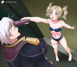 1boy 1girls barefoot blonde_hair bra breasts cloak cyberpunk:_edgerunners female fire_emblem fire_emblem_awakening grey_eyes grey_hair gun gun_to_head hayato_stuff hooded_cloak lissa_(fire_emblem) long_hair male navel nintendo panties rebecca_(edgerunners)_(cosplay) robin_(fire_emblem) robin_(fire_emblem)_(male) scene_reference short_hair small_breasts strapless_bra surprised surprised_expression twintails white_hair