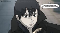 1boy1girl after_fellatio after_oral black_clothing black_hair blowjob cock cum cum_on_face cum_on_hair cumshot death_note dialogue_box dick facial faprika female grey_eyes light_yagami looking_at_viewer male naomi_misora oral oral_sex penis small_penis