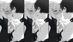 french_kiss french_kissing genshin_impact greyscale kissing kissing_while_penetrated lumine_(genshin_impact) nan7719318 scaramouche_(genshin_impact)